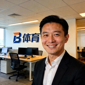 B体育创始人兼CEO张华在办公室微笑看向镜头的半身照