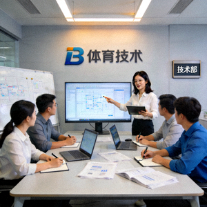 B体育首席技术官李娜在技术部门与团队成员讨论技术方案的场景