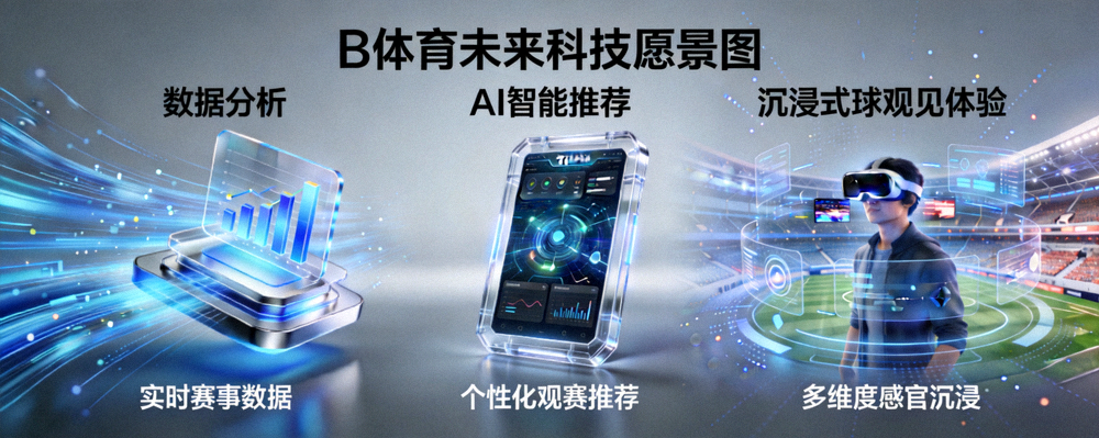 B体育未来科技愿景图：展示数据分析、AI智能推荐与沉浸式观赛体验的概念设计