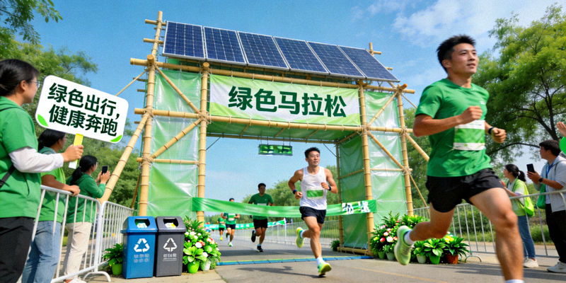 一场使用环保材料搭建舞台并使用太阳能供电的绿色马拉松赛事现场