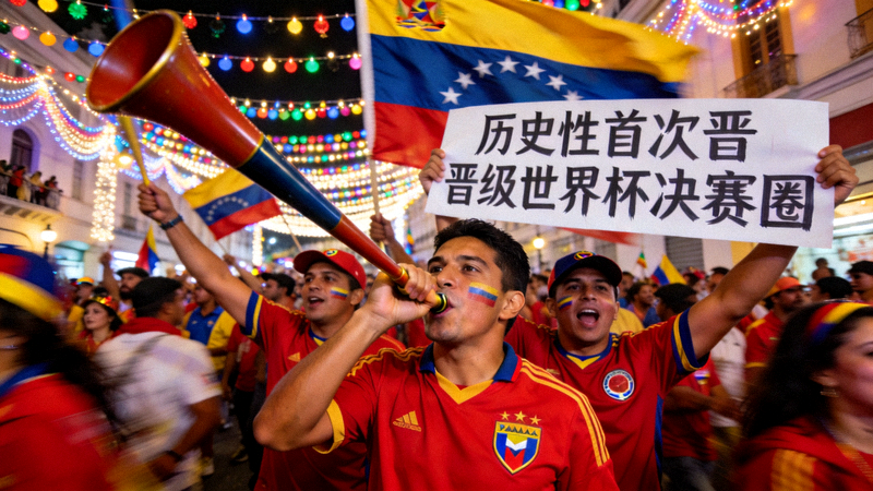 委内瑞拉球迷在街头狂欢，庆祝国家队历史性首次晋级世界杯决赛圈