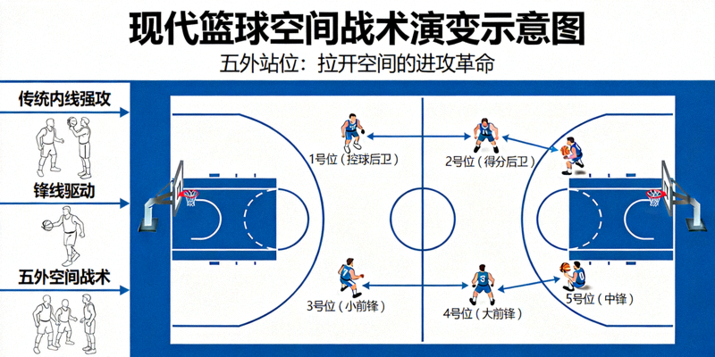 现代篮球空间战术演变示意图，展示五外站位